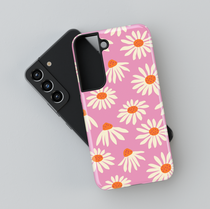 Pink daisy flower Samsung Galaxy S24 Ultra case – cute floral design for women, fits Galaxy S25, S24 FE, S23 Ultra, protective tough case for spring and summer.