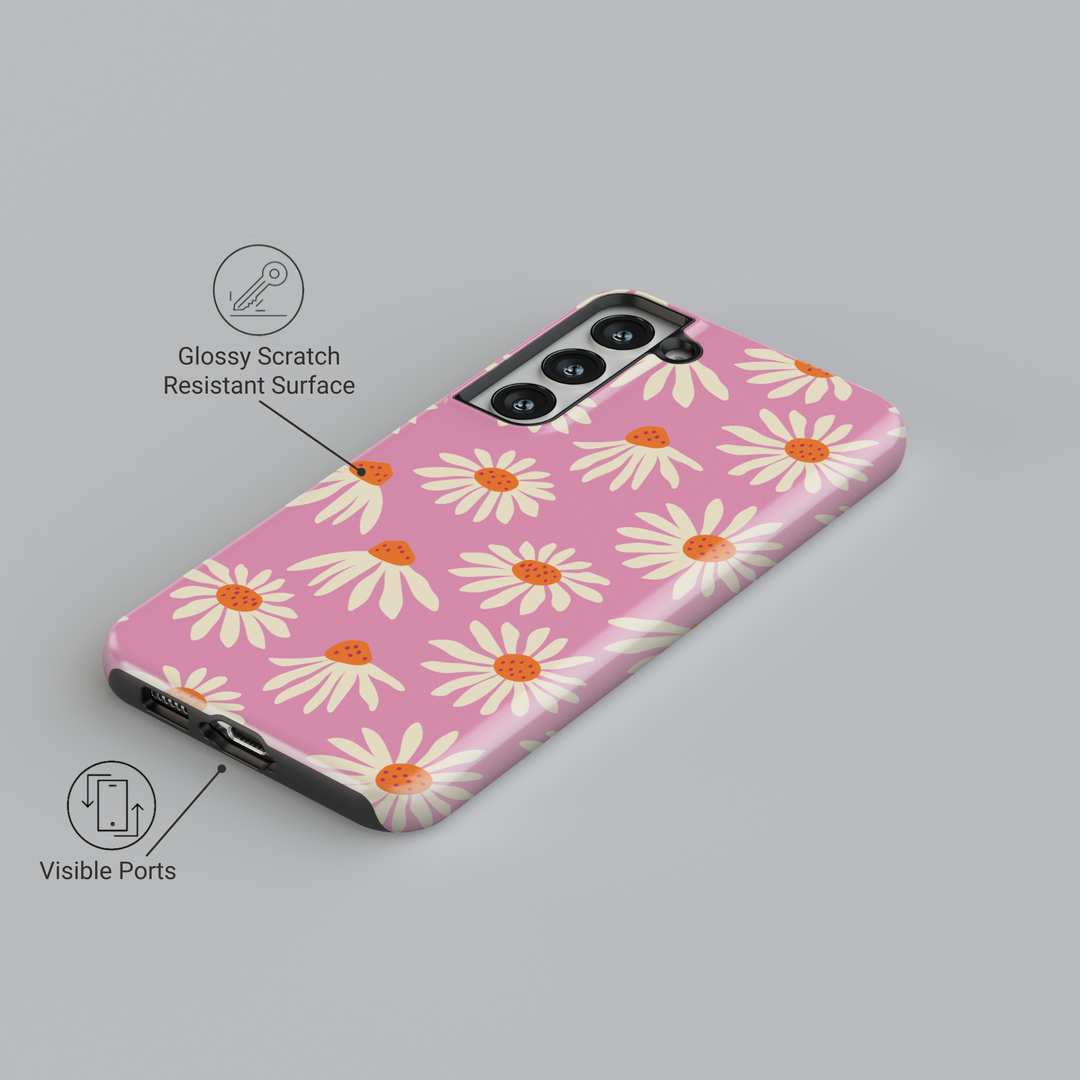 Pink daisy flower Samsung Galaxy S24 Ultra case – cute floral design for women, fits Galaxy S25, S24 FE, S23 Ultra, protective tough case for spring and summer.