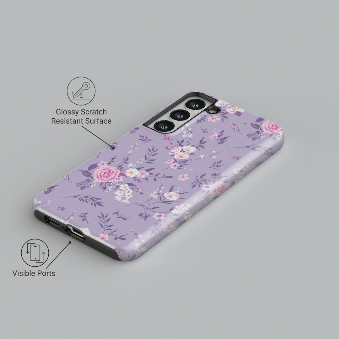 Pastel lavender Samsung Galaxy case with pink and white floral print – romantic aesthetic protective phone cover for women