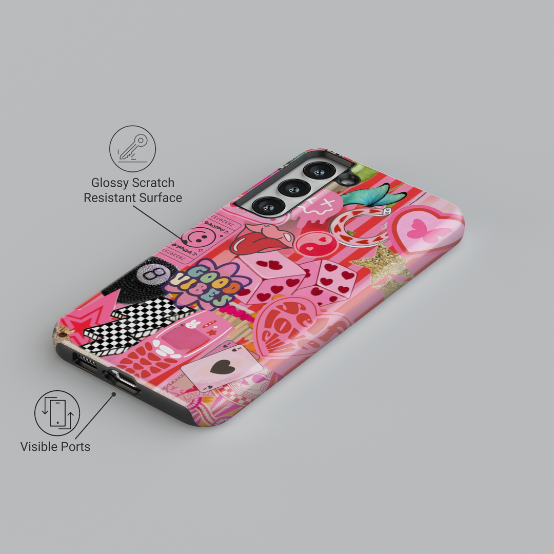 Samsung Galaxy phone case with pink sticker collage including good vibes text, heart playing cards, retro phone, cheetah, and butterfly. Compatible with Galaxy S24 Ultra, S24 Plus, and S23 FE. Bold, playful aesthetic.
