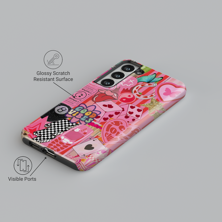 Samsung Galaxy phone case with pink sticker collage including good vibes text, heart playing cards, retro phone, cheetah, and butterfly. Compatible with Galaxy S24 Ultra, S24 Plus, and S23 FE. Bold, playful aesthetic.