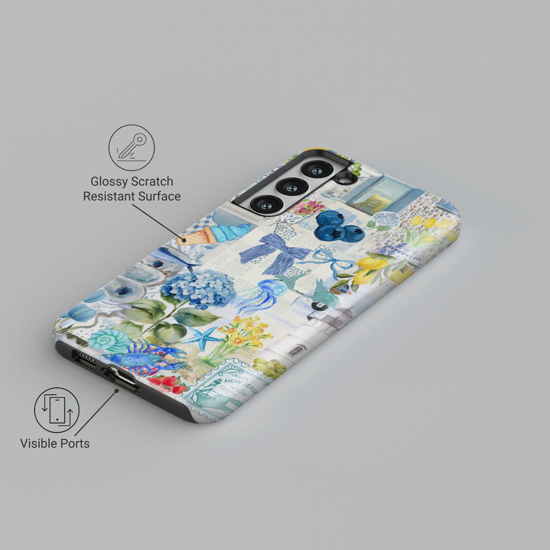Coastal scrapbook collage iPhone case with hydrangeas, lighthouses, jellyfish, bows, and lemons – fits Galaxy S25, S24, S23