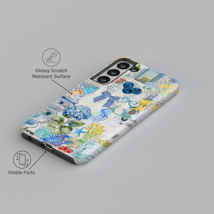 Coastal scrapbook collage iPhone case with hydrangeas, lighthouses, jellyfish, bows, and lemons – fits Galaxy S25, S24, S23