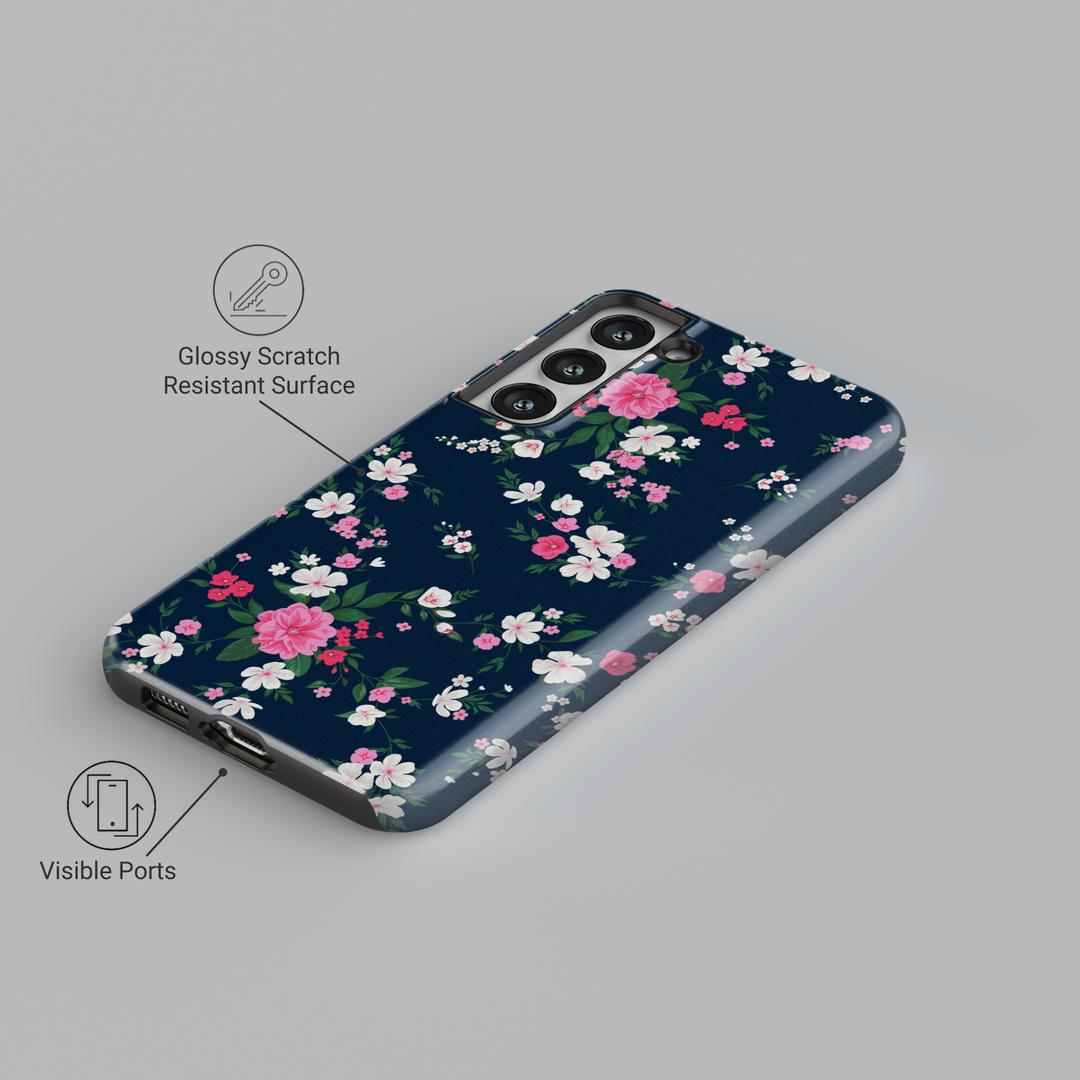 Navy blue Samsung Galaxy case with pink and white floral design – elegant and feminine aesthetic protective phone cover