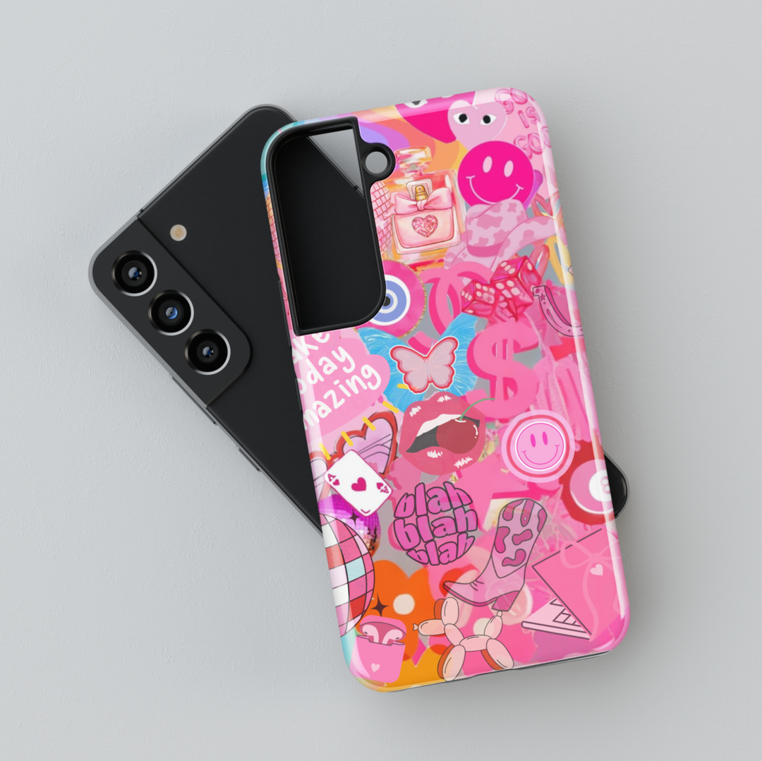 Samsung Galaxy phone case with bold pink sticker collage, including butterflies, lips, smiley faces, and dollar icons. Compatible with Galaxy S24 Ultra, S24 Plus, and S23 FE. Fun and trendy design.