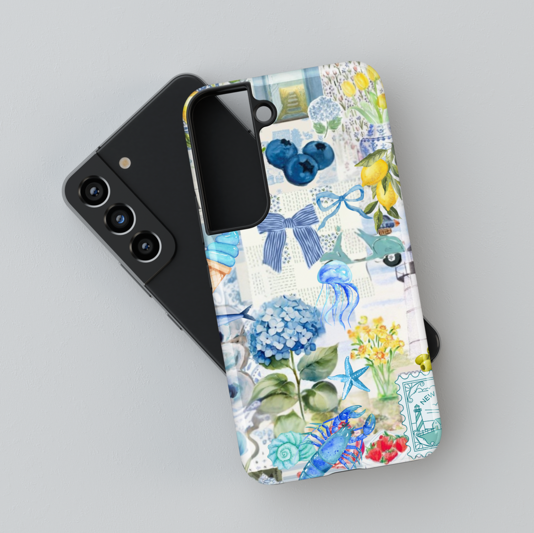 Coastal scrapbook collage iPhone case with hydrangeas, lighthouses, jellyfish, bows, and lemons – fits Galaxy S25, S24, S23