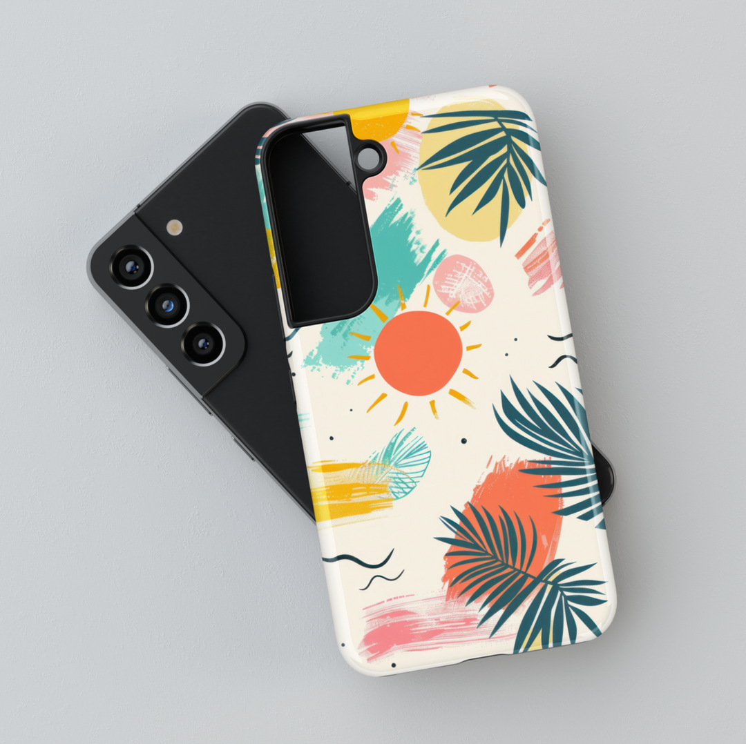 Tropical sun and palm leaf Samsung Galaxy S24 Ultra case – colorful summer beach design for women, compatible with Galaxy S25, S24 FE, and more.