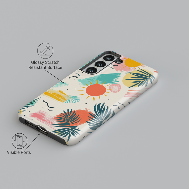 Tropical sun and palm leaf Samsung Galaxy S24 Ultra case – colorful summer beach design for women, compatible with Galaxy S25, S24 FE, and more.