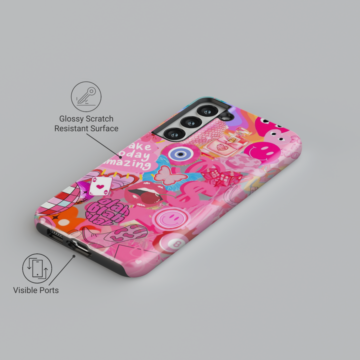 Samsung Galaxy phone case with bold pink sticker collage, including butterflies, lips, smiley faces, and dollar icons. Compatible with Galaxy S24 Ultra, S24 Plus, and S23 FE. Fun and trendy design.