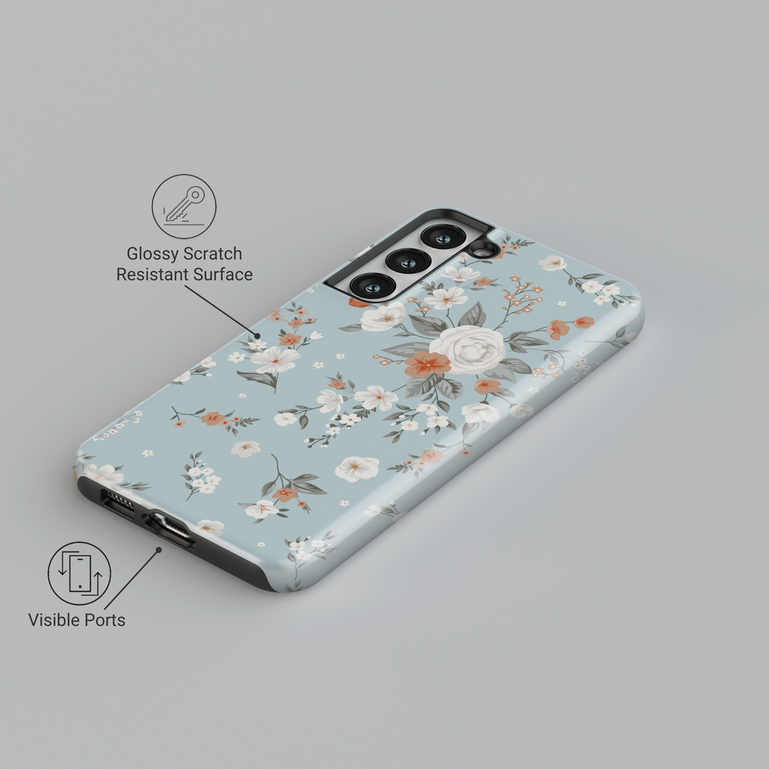Light blue Samsung Galaxy case with white and peach floral print – soft romantic vintage-inspired aesthetic protective phone cover