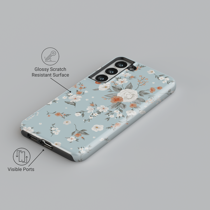 Light blue Samsung Galaxy case with white and peach floral print – soft romantic vintage-inspired aesthetic protective phone cover