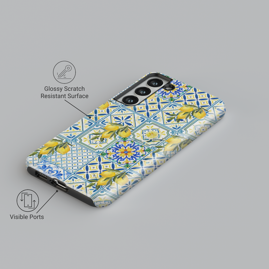 Mediterranean lemon tile iPhone case with blue and yellow ceramic pattern – MagSafe compatible citrus summer phone case for Galaxy S25 Ultra, S24, S23
