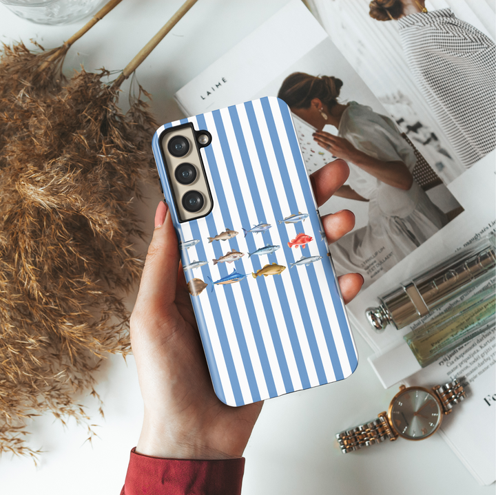 Samsung Galaxy case with nautical blue and white stripes and various fish illustrations – coastal marine phone cover