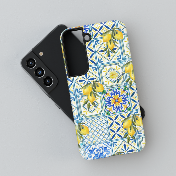 Mediterranean lemon tile iPhone case with blue and yellow ceramic pattern – MagSafe compatible citrus summer phone case for Galaxy S25 Ultra, S24, S23