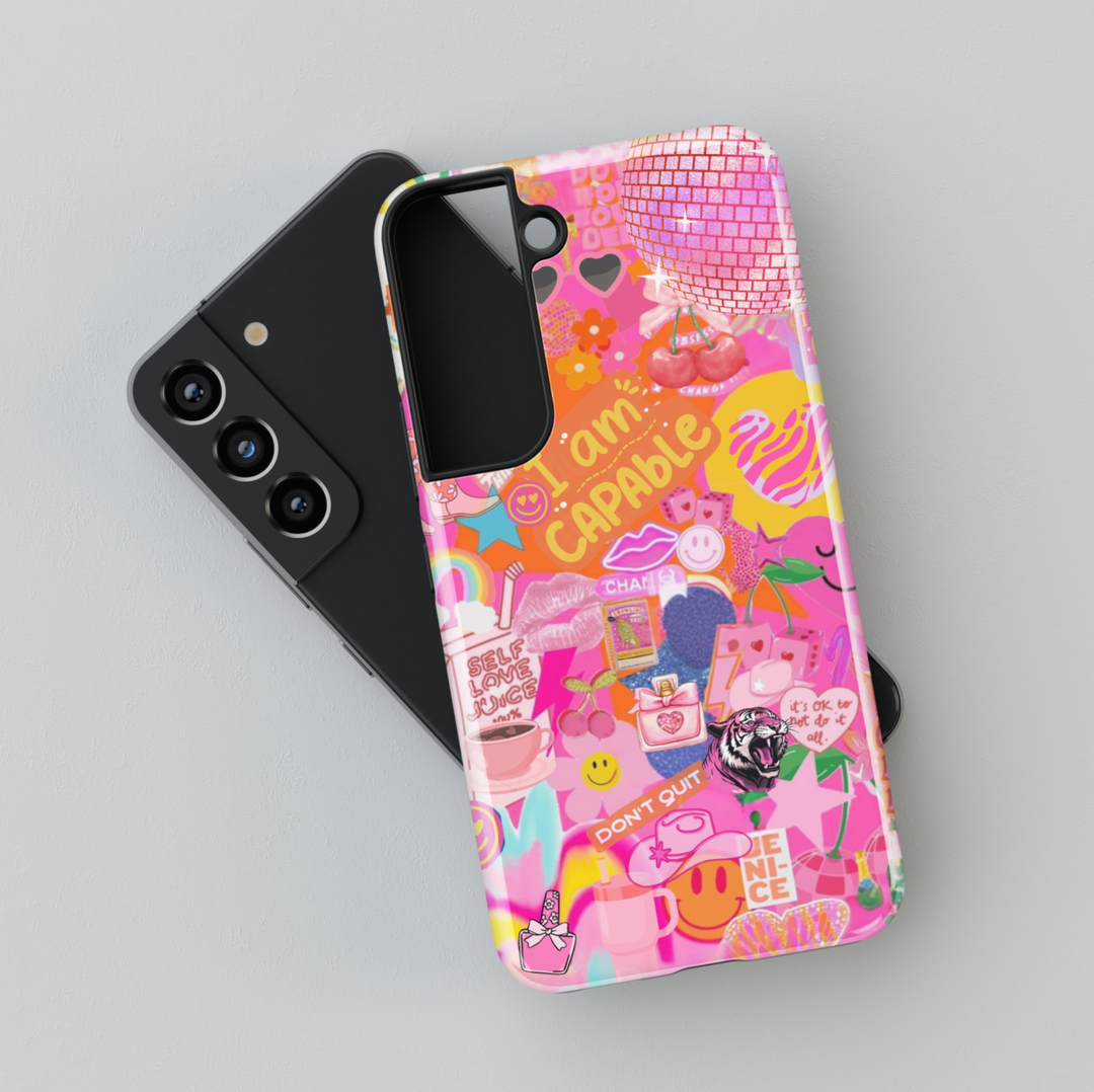 Samsung Galaxy phone case with pink sticker collage design, featuring motivational quotes, rainbows, disco ball, and playful icons. Fits Galaxy S24 Ultra, S24 Plus, and S23 FE. Fun and bold aesthetic.