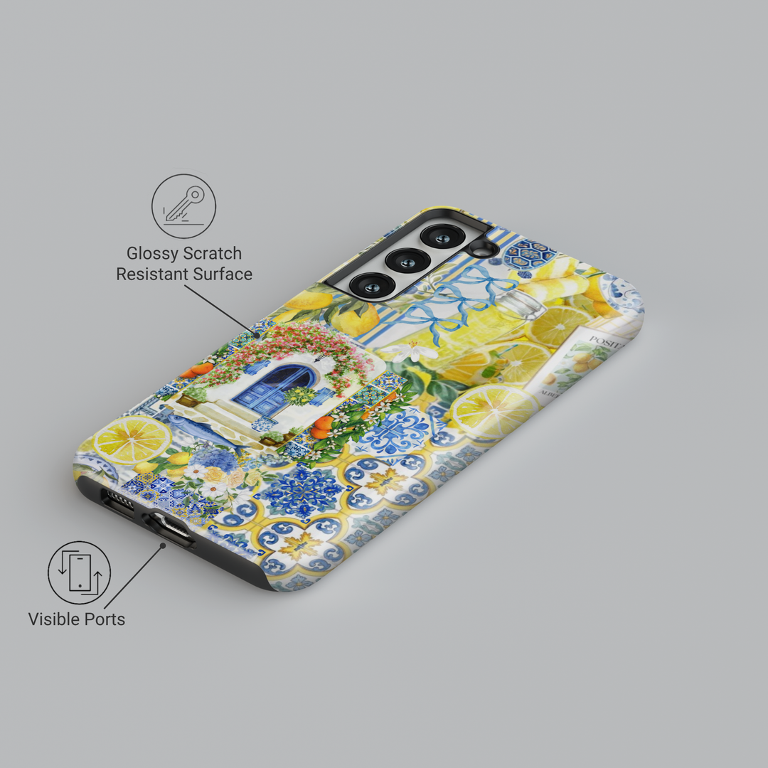 Mediterranean lemon garden iPhone case with blue tiles, florals, citrus fruits, and a coastal villa door – designed for Galaxy S25 Ultra, S24, S23, S22