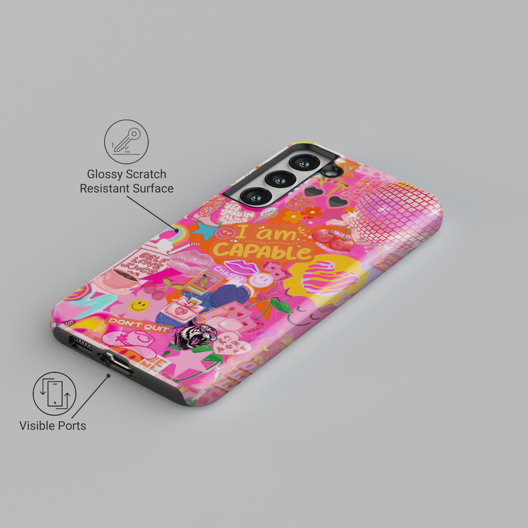 Samsung Galaxy phone case with pink sticker collage design, featuring motivational quotes, rainbows, disco ball, and playful icons. Fits Galaxy S24 Ultra, S24 Plus, and S23 FE. Fun and bold aesthetic.