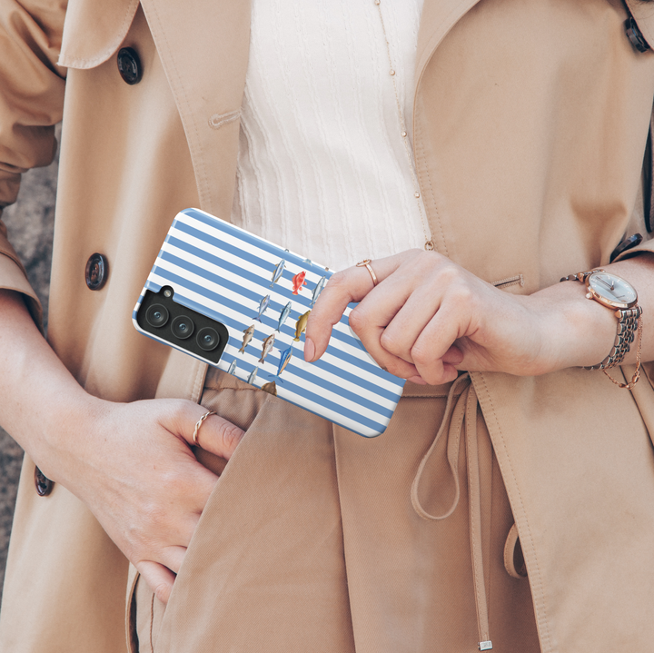 Samsung Galaxy case with nautical blue and white stripes and various fish illustrations – coastal marine phone cover