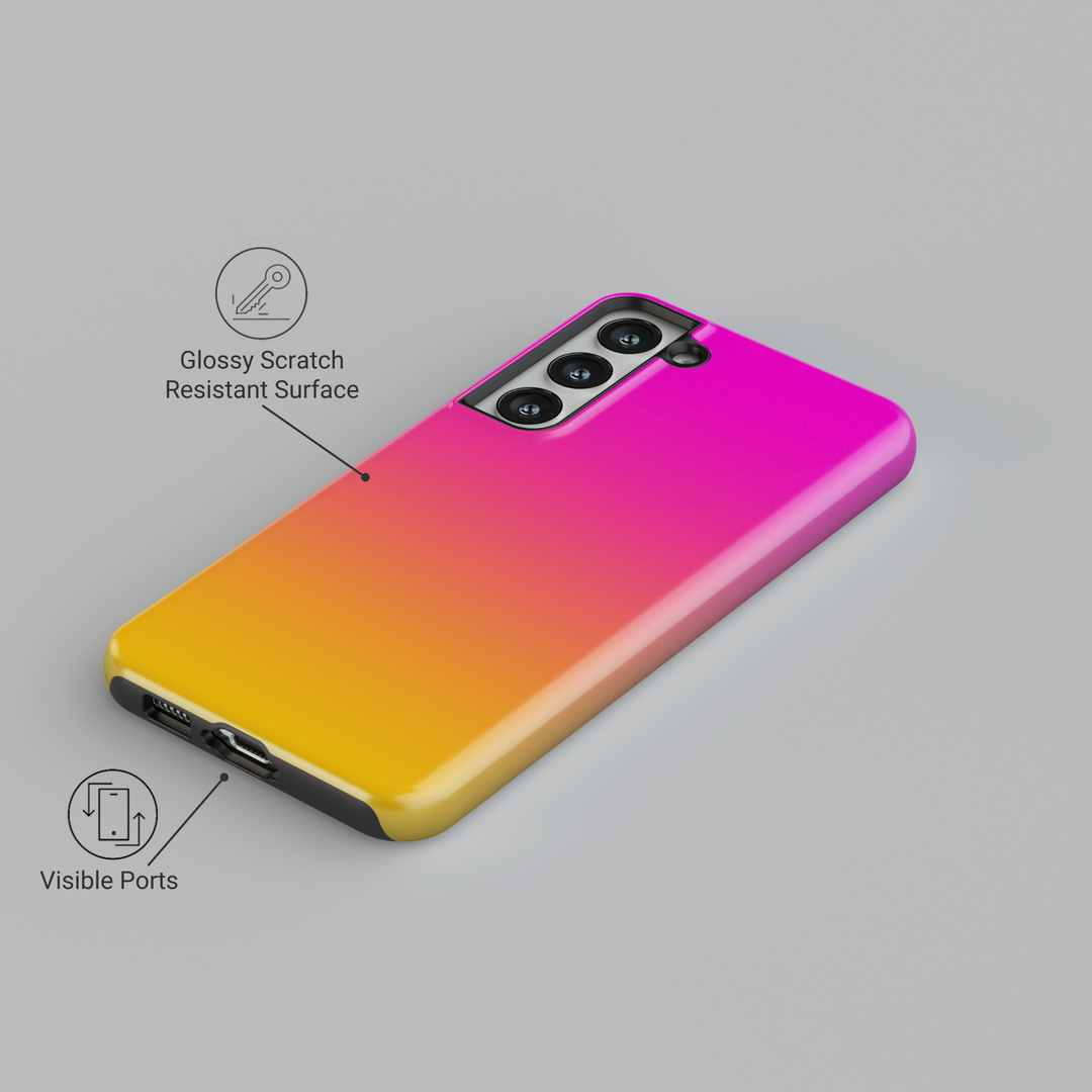 Gradient pink to yellow sunset ombre Samsung Galaxy S24 Ultra case – bold tropical summer phone case for women, compatible with Galaxy S25, S24 FE, and other Galaxy models.