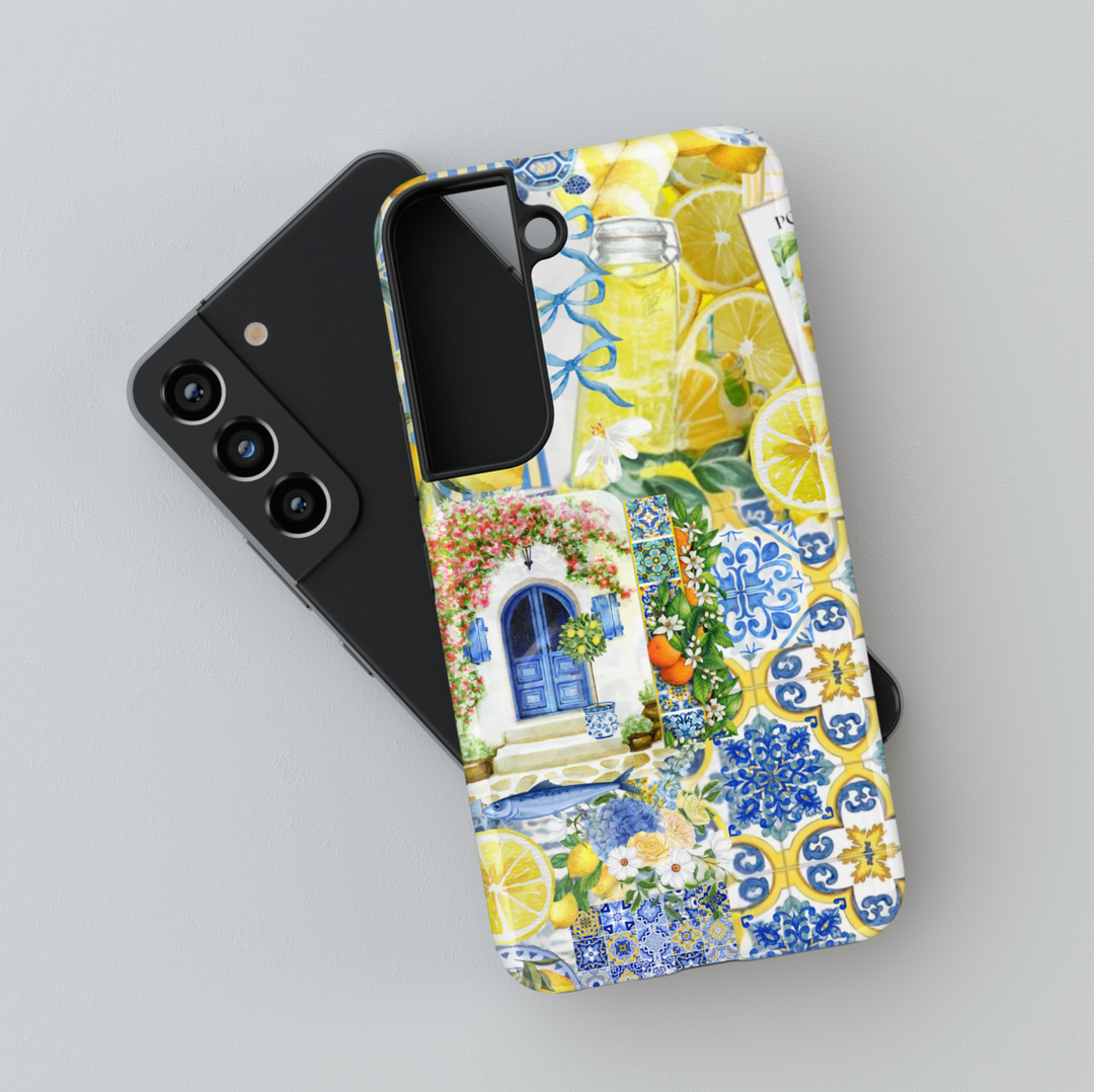 Mediterranean lemon garden iPhone case with blue tiles, florals, citrus fruits, and a coastal villa door – designed for Galaxy S25 Ultra, S24, S23, S22
