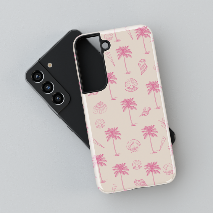 Samsung Galaxy phone case with pink palm trees and shell sketch pattern on beige background – fits Galaxy S24 Ultra, S24 Plus, and S23 FE. Tropical aesthetic for summer lovers.