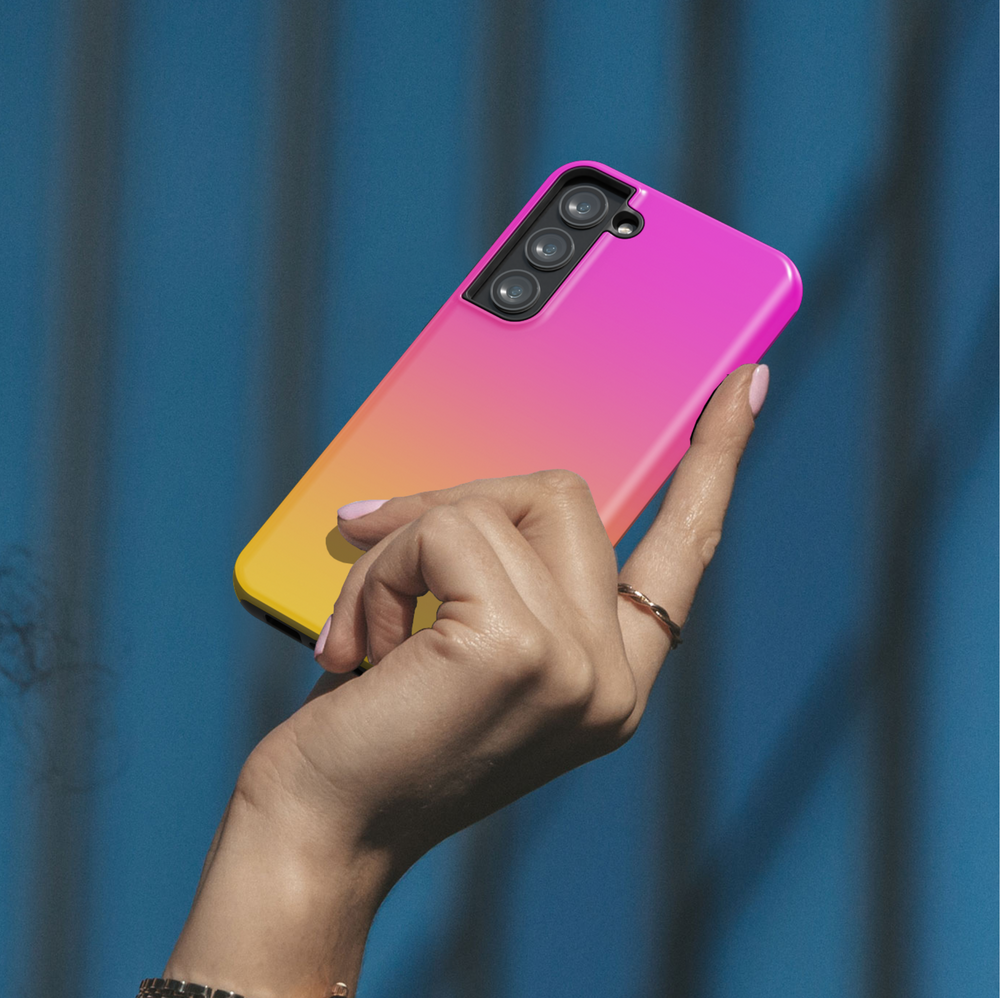 Gradient pink to yellow sunset ombre Samsung Galaxy S24 Ultra case – bold tropical summer phone case for women, compatible with Galaxy S25, S24 FE, and other Galaxy models.