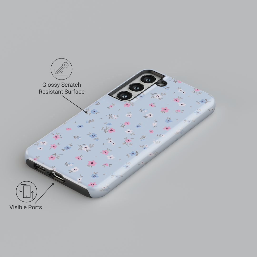 Pastel blue floral Galaxy case with small pink, blue, and white flowers – cute spring phone cover for women