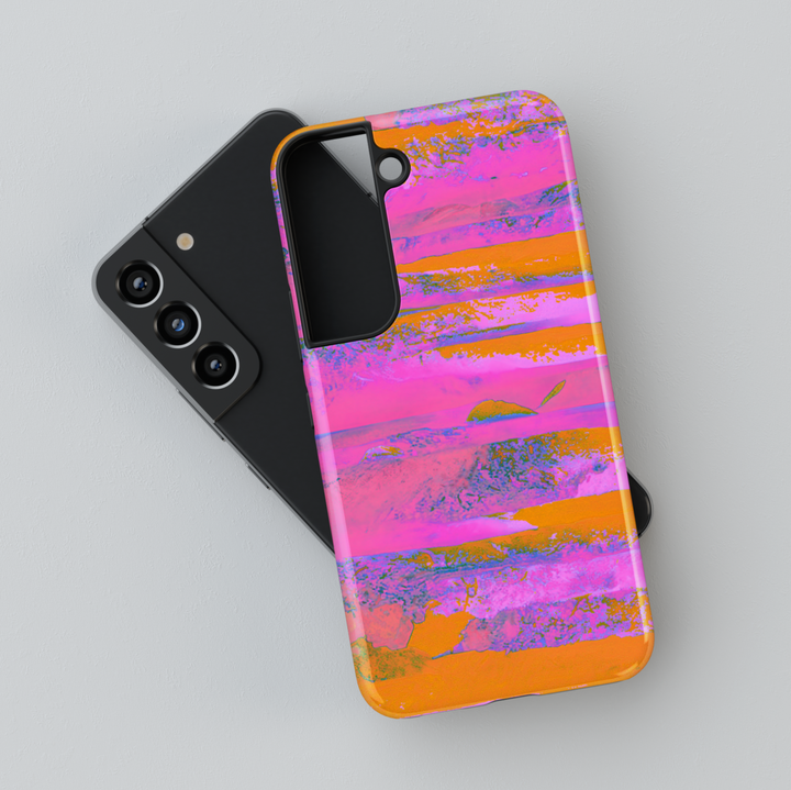 Galaxy S24 Ultra summer beach phone case with pink and orange abstract brushstroke pattern – trendy coastal protective case for women, also fits Galaxy S25 and S24 FE.