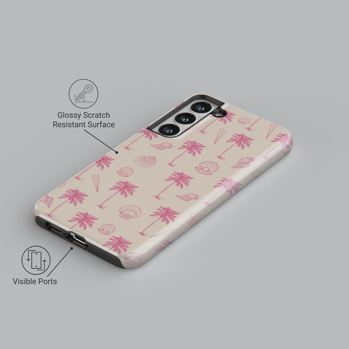 Samsung Galaxy phone case with pink palm trees and shell sketch pattern on beige background – fits Galaxy S24 Ultra, S24 Plus, and S23 FE. Tropical aesthetic for summer lovers.