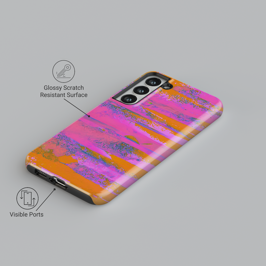 Galaxy S24 Ultra summer beach phone case with pink and orange abstract brushstroke pattern – trendy coastal protective case for women, also fits Galaxy S25 and S24 FE.