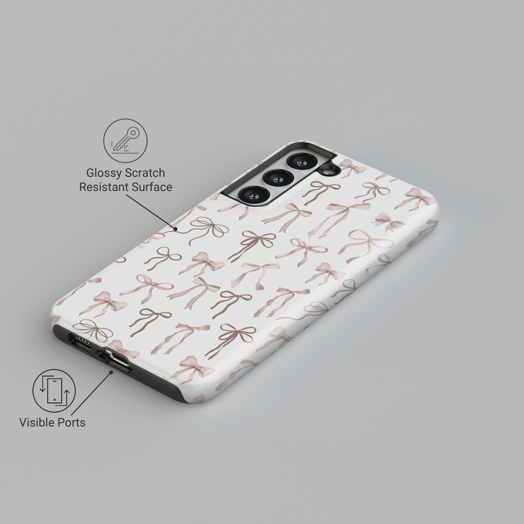 Feminine pastel pink bow pattern iPhone case with white background – Coquette aesthetic Galaxy S25 Ultra, S24FE, S23