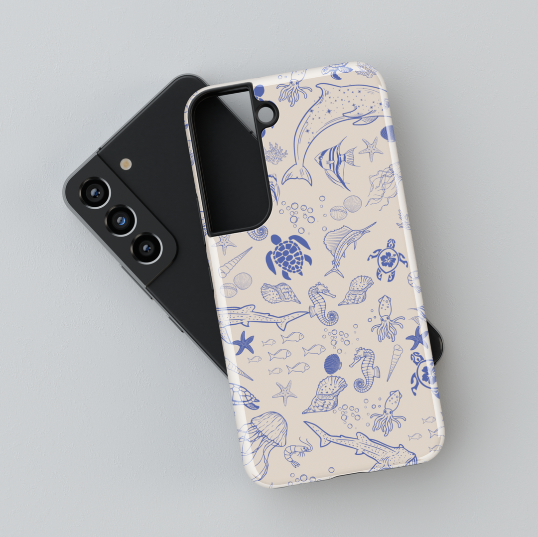 Samsung Galaxy phone case with blue ocean animal sketches on beige background – fits Galaxy S24 Ultra, S24 Plus, and S23 FE. Coastal sea life design for beach lovers