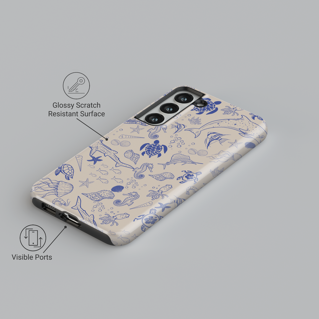 Samsung Galaxy phone case with blue ocean animal sketches on beige background – fits Galaxy S24 Ultra, S24 Plus, and S23 FE. Coastal sea life design for beach lovers