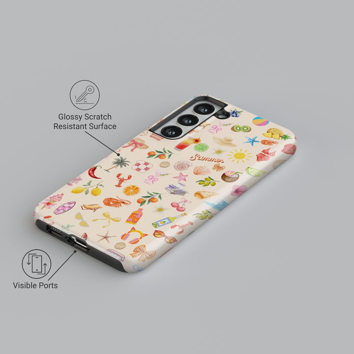 Playful summer beach icons Galaxy case with colorful fruits, seashells, hats, cocktails, and tropical elements –Galaxy S25 Ultra summer collage case