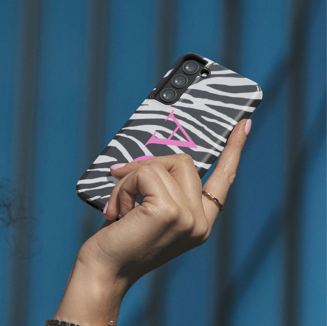 Zebra Print Samsung Galaxy Case with Pink Monogram Initials – Custom Protective Case for Galaxy S25 Ultra, S24 FE, S23 Ultra