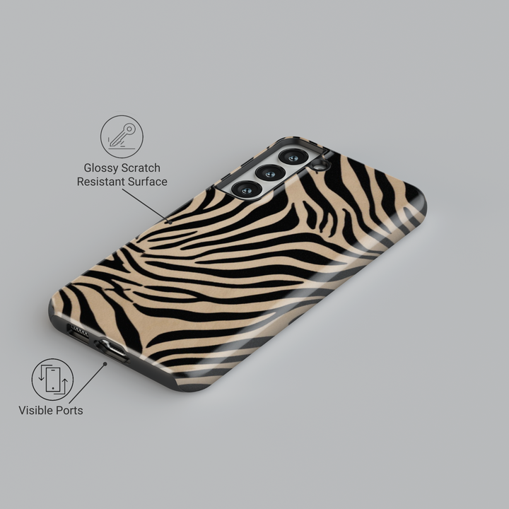 Trendy beige and black zebra print Samsung Galaxy phone case – bold animal pattern protective cover for women with a stylish safari aesthetic