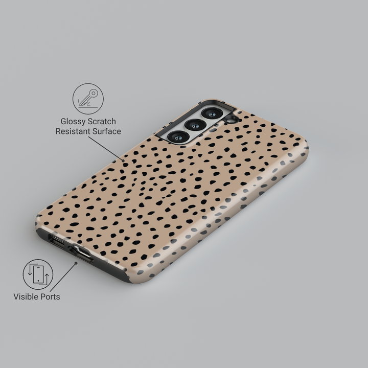 Beige Samsung Galaxy case with minimalist black speckle pattern – trendy neutral aesthetic phone cover for women