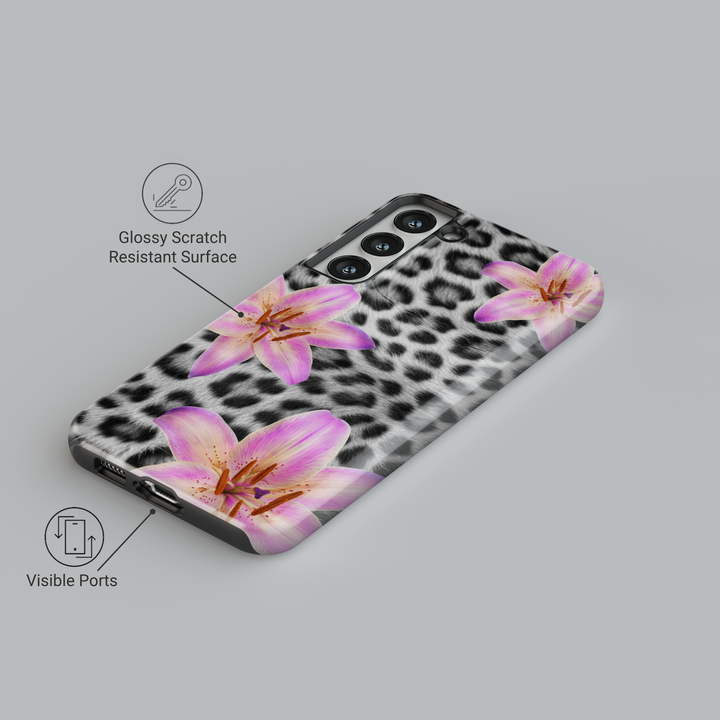 black and white leopard print and pink lily floral design – feminine aesthetic protective case