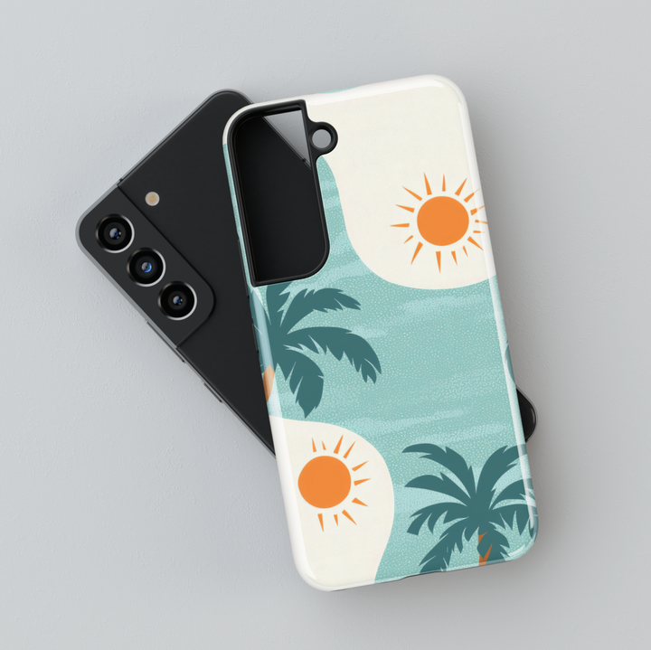 Retro palm tree and sun Samsung Galaxy S24 Ultra case in teal and orange summer tones for women