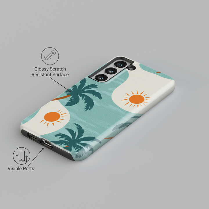 Retro palm tree and sun Samsung Galaxy S24 Ultra case in teal and orange summer tones for women