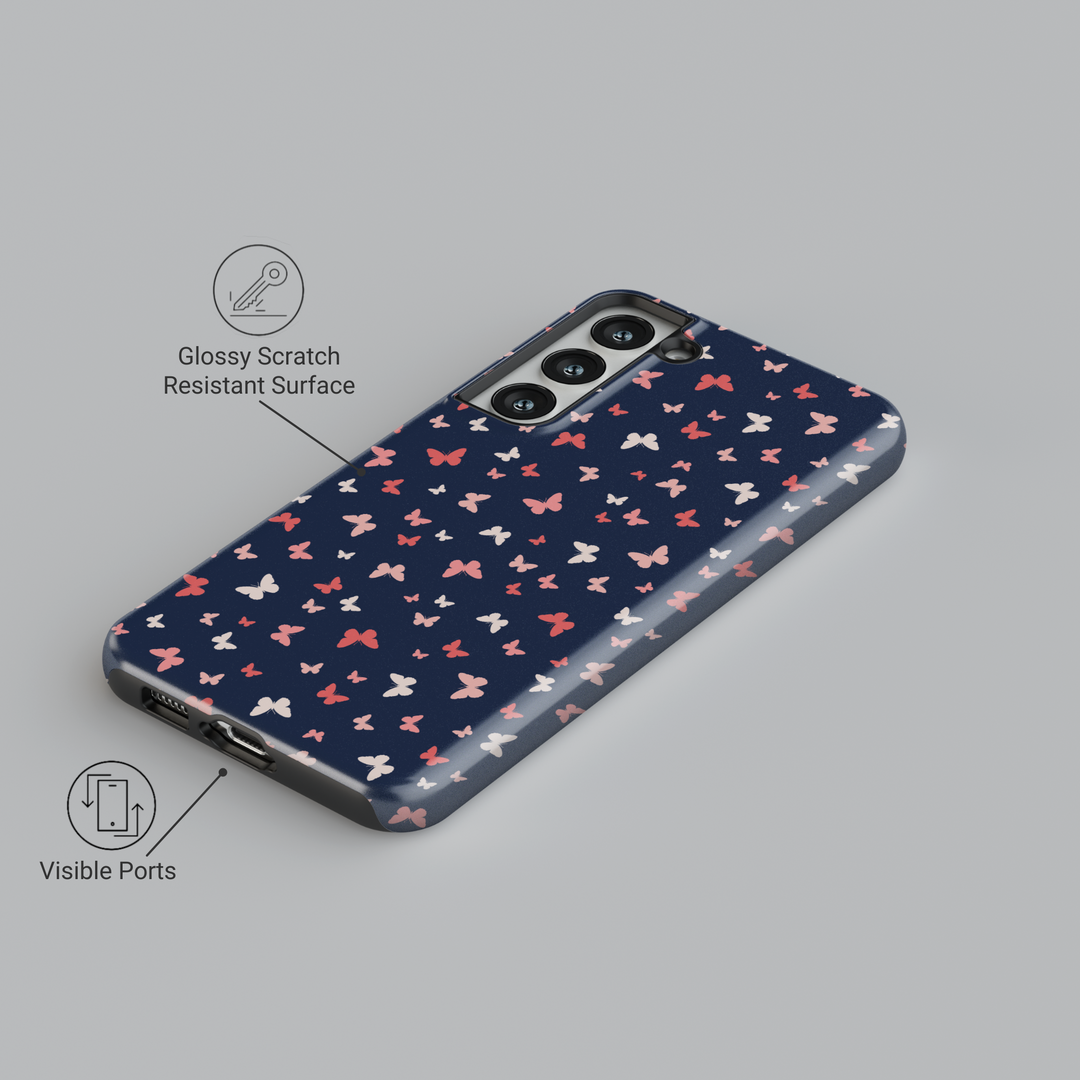 Cute navy blue Samsung Galaxy case with pink and white butterfly pattern – girly and aesthetic protective cover for women