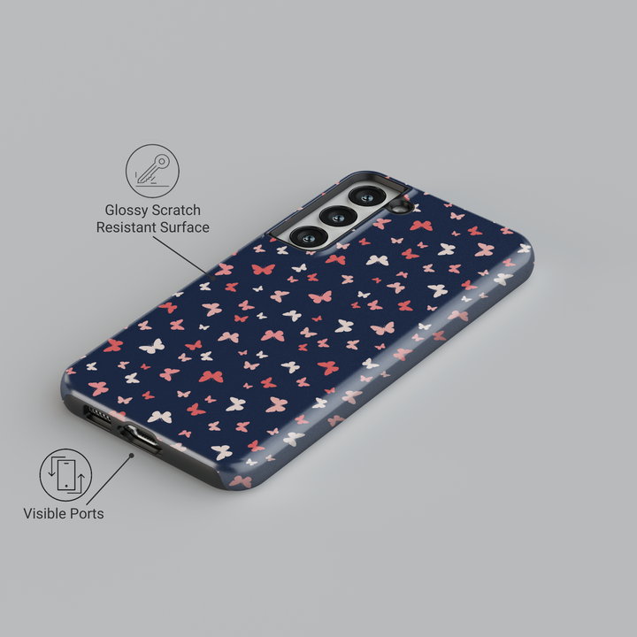 Cute navy blue Samsung Galaxy case with pink and white butterfly pattern – girly and aesthetic protective cover for women