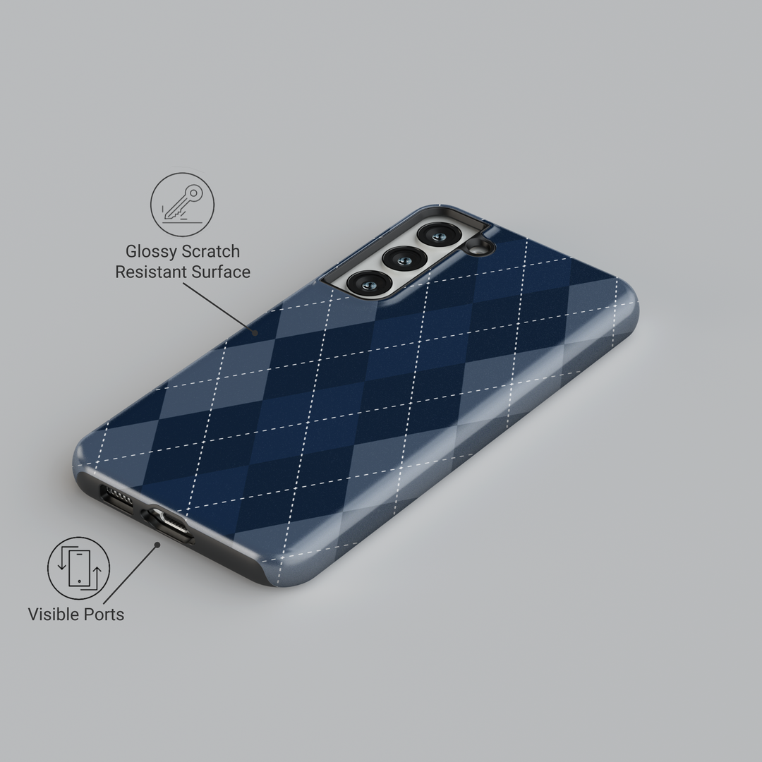 Preppy navy blue argyle Samsung Galaxy phone case – glossy classic check design for stylish women, protective and aesthetic