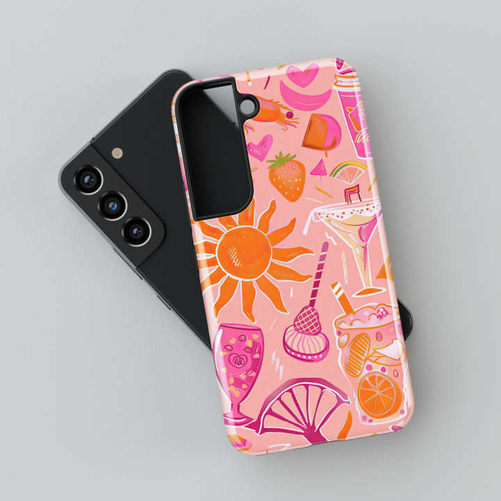Samsung Galaxy S24 Ultra, S25, S24 FE Tough Case – Pink Summer Drink Pattern with Sun, Cocktails, Ice Cream, and Fruit, Protective Case for Women