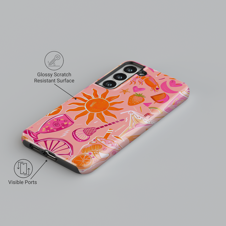 Samsung Galaxy S24 Ultra, S25, S24 FE Tough Case – Pink Summer Drink Pattern with Sun, Cocktails, Ice Cream, and Fruit, Protective Case for Women