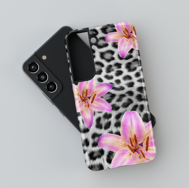 black and white leopard print and pink lily floral design – feminine aesthetic protective case