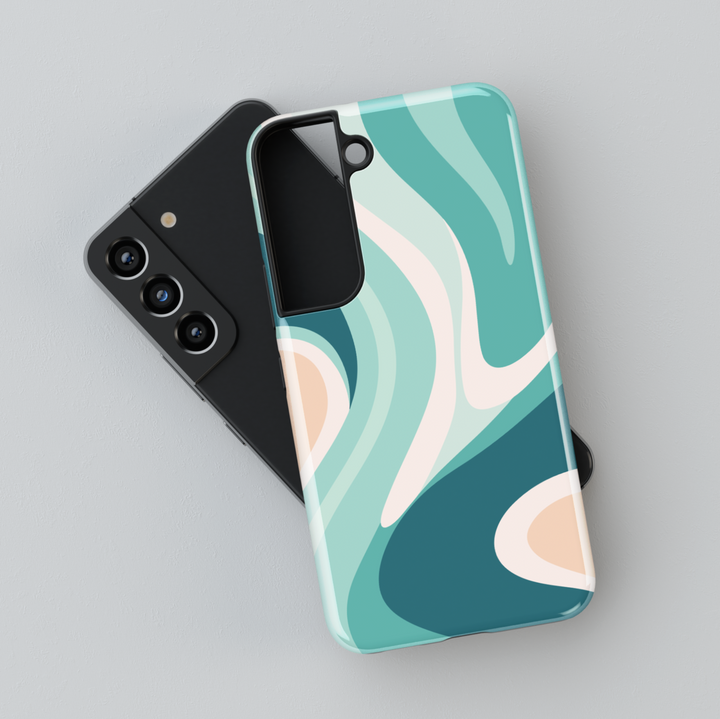 Samsung Galaxy case with abstract teal and nude wavy design – stylish protective cover for Galaxy S24 Ultra, S25, and S24 FE. Coastal aesthetic.