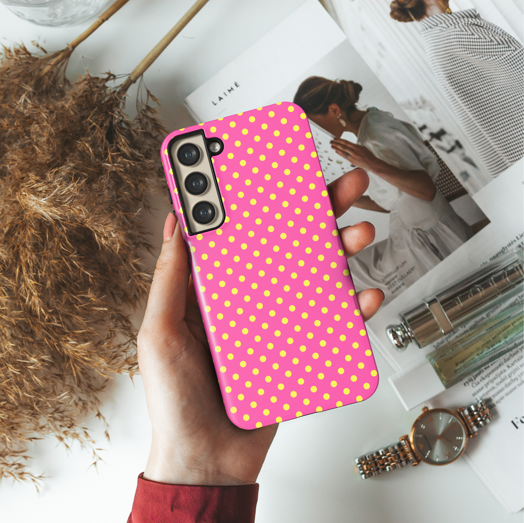 Pink Samsung Galaxy case with yellow polka dots – cute and colorful tough phone cover for Galaxy S24, S23, and more