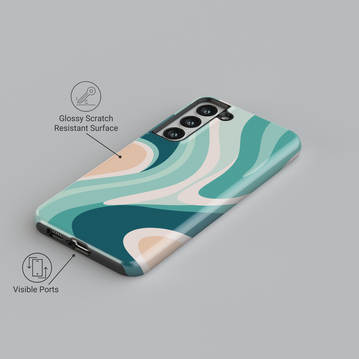 Samsung Galaxy case with abstract teal and nude wavy design – stylish protective cover for Galaxy S24 Ultra, S25, and S24 FE. Coastal aesthetic.