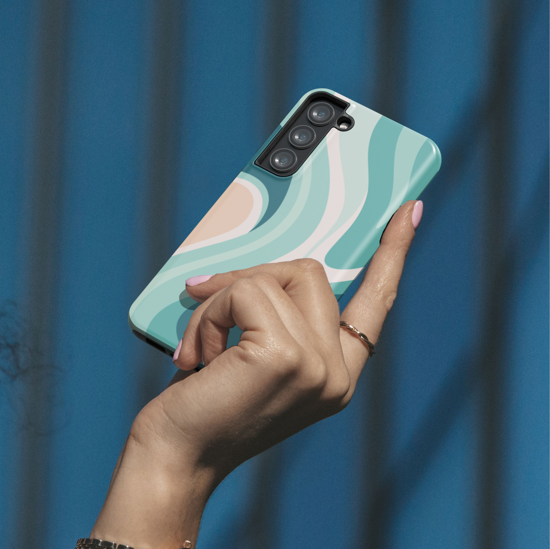 Samsung Galaxy case with abstract teal and nude wavy design – stylish protective cover for Galaxy S24 Ultra, S25, and S24 FE. Coastal aesthetic.